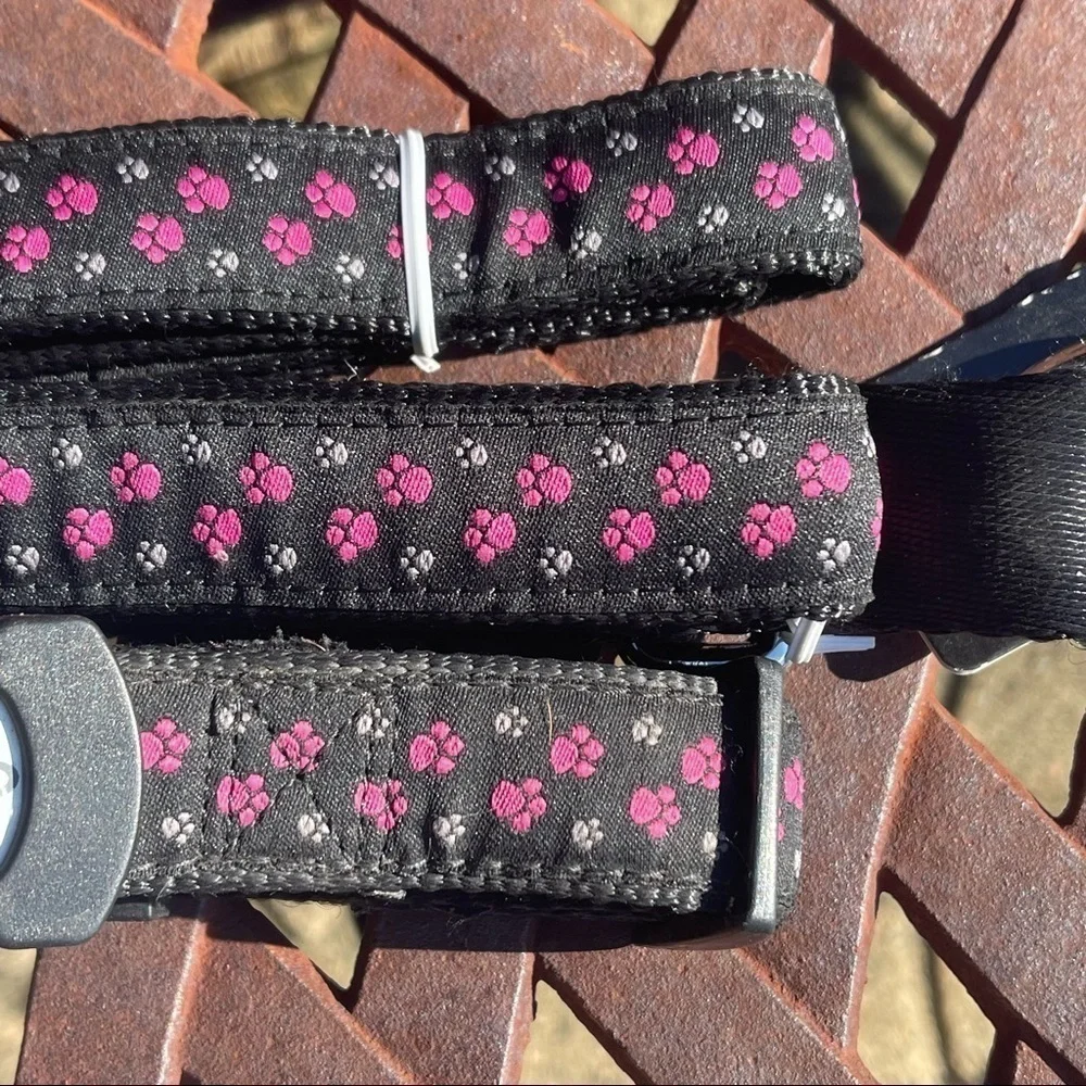 Dog It Collar & Leash Set Black With Pink & Gray Paw Prints, SilverTone…